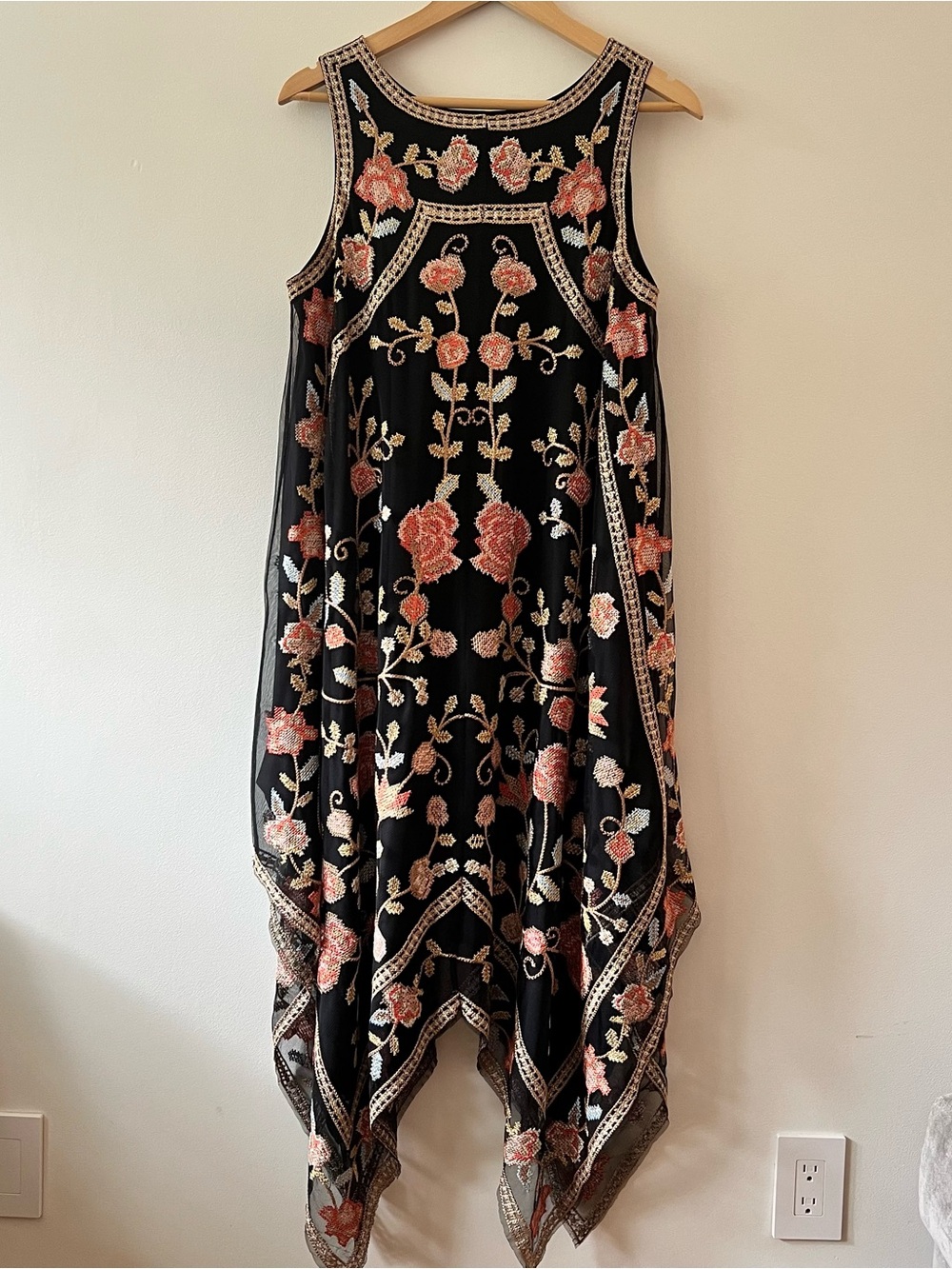 Tolani Black Colorful Floral Embroidered Mesh Midi Dress Handkerchief Hem M EUC